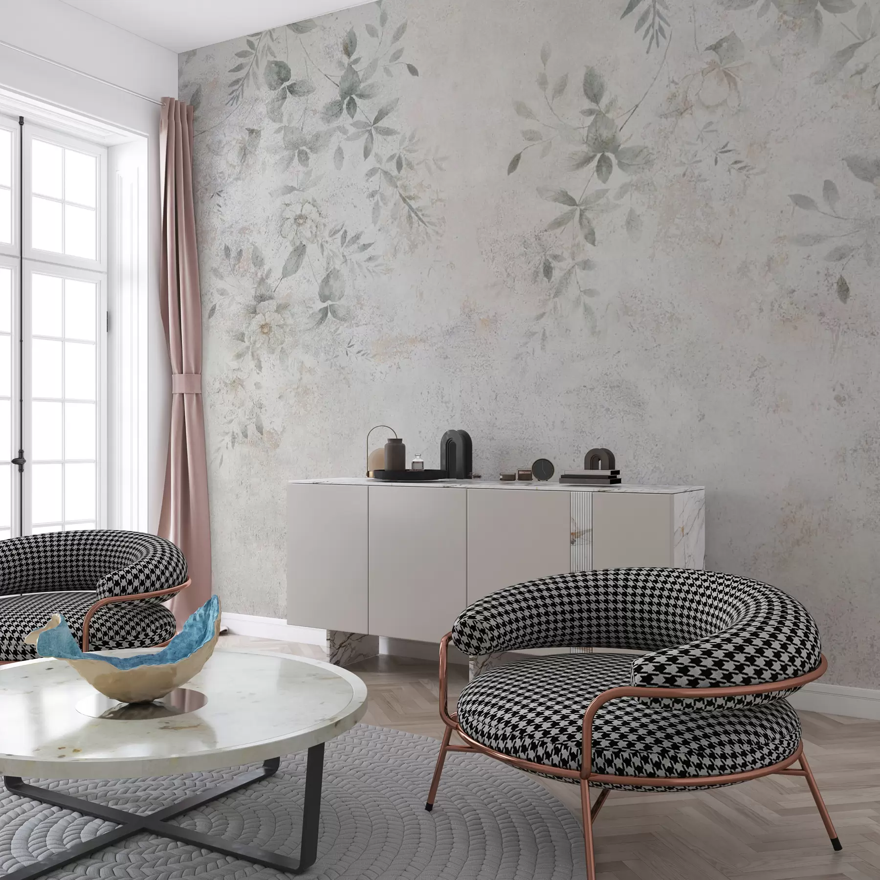 Fototapete Blumen mit Zweigen auf Beton-Grunge-Hintergrund-Minimalismus u96140