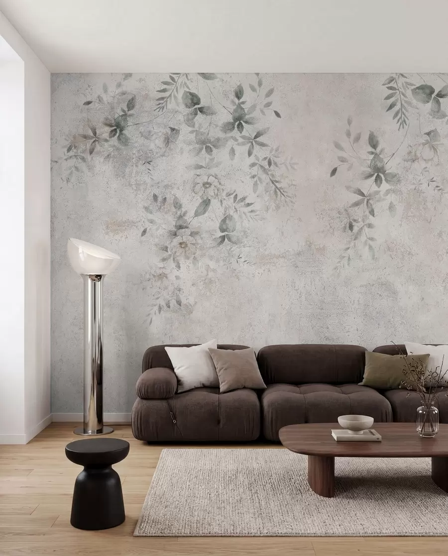 fototapeter Blomster med grene på beton grunge baggrund minimalisme u96140
