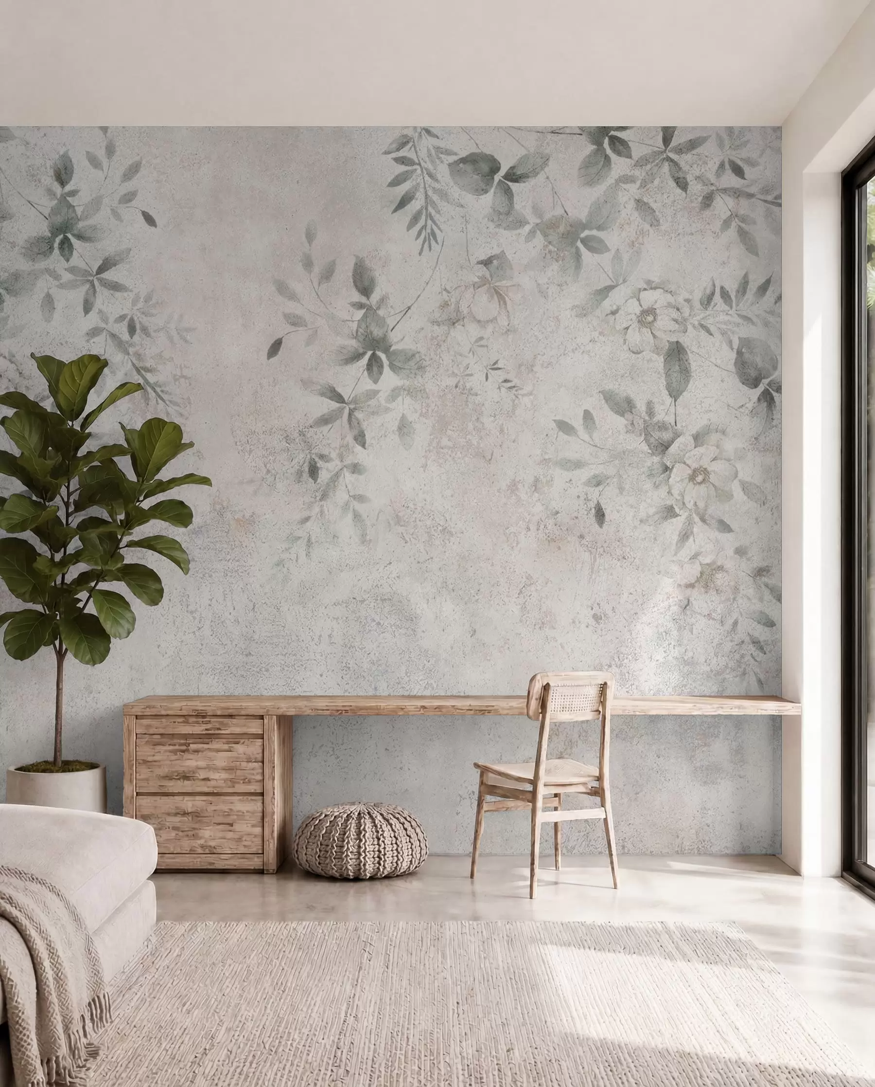 fototapeter Blomster med grene på beton grunge baggrund minimalisme u96140