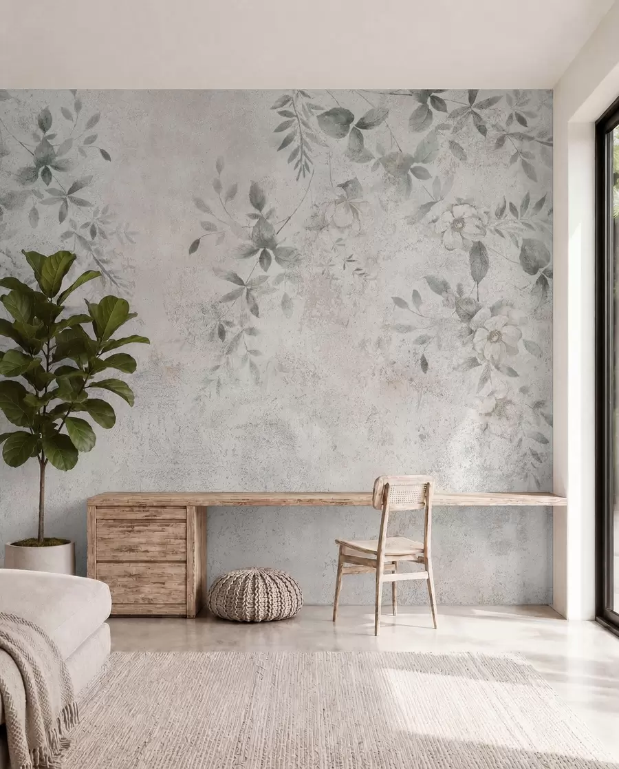 fototapeter Blomster med grene på beton grunge baggrund minimalisme u96140