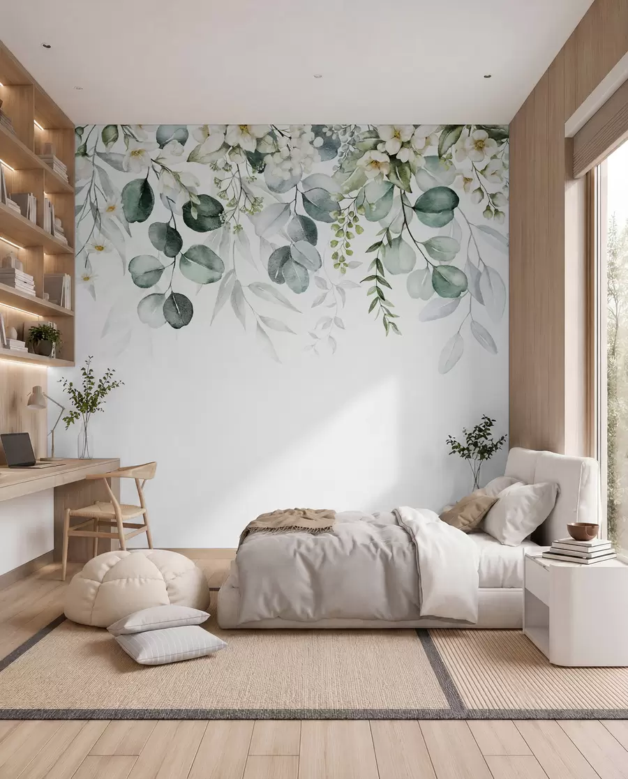 fototapeter Illustration med grønne blade, hvide blomster, pæon og grene u96063