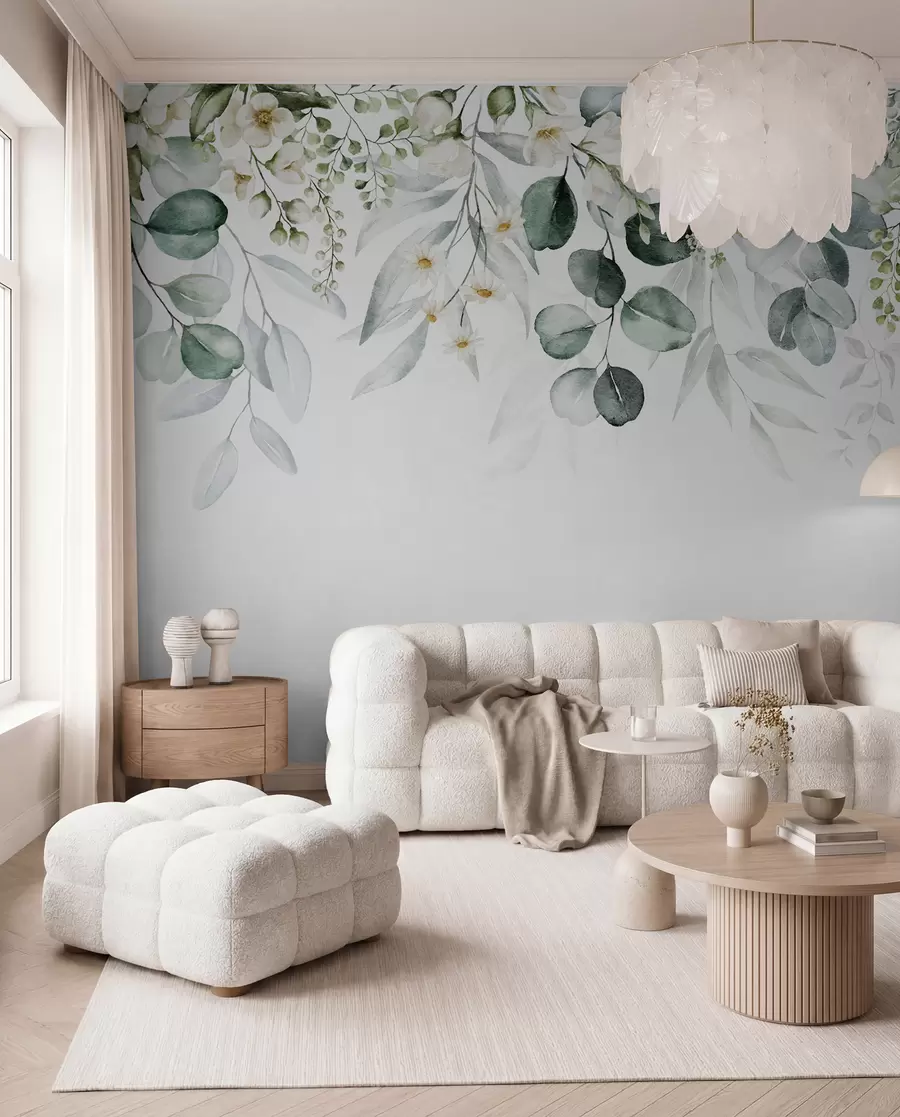 fototapeter Illustration med grønne blade, hvide blomster, pæon og grene u96063