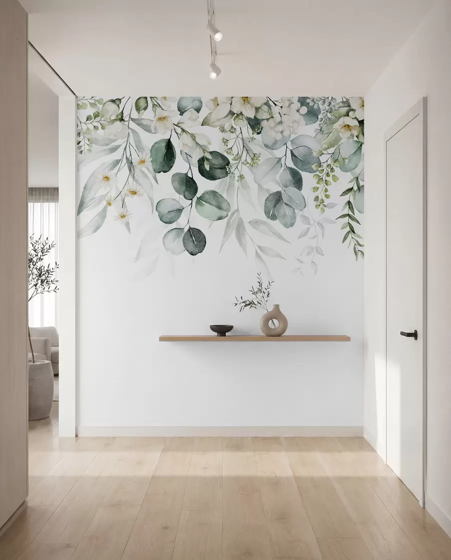 fototapeter Illustration med grønne blade, hvide blomster, pæon og grene u96063