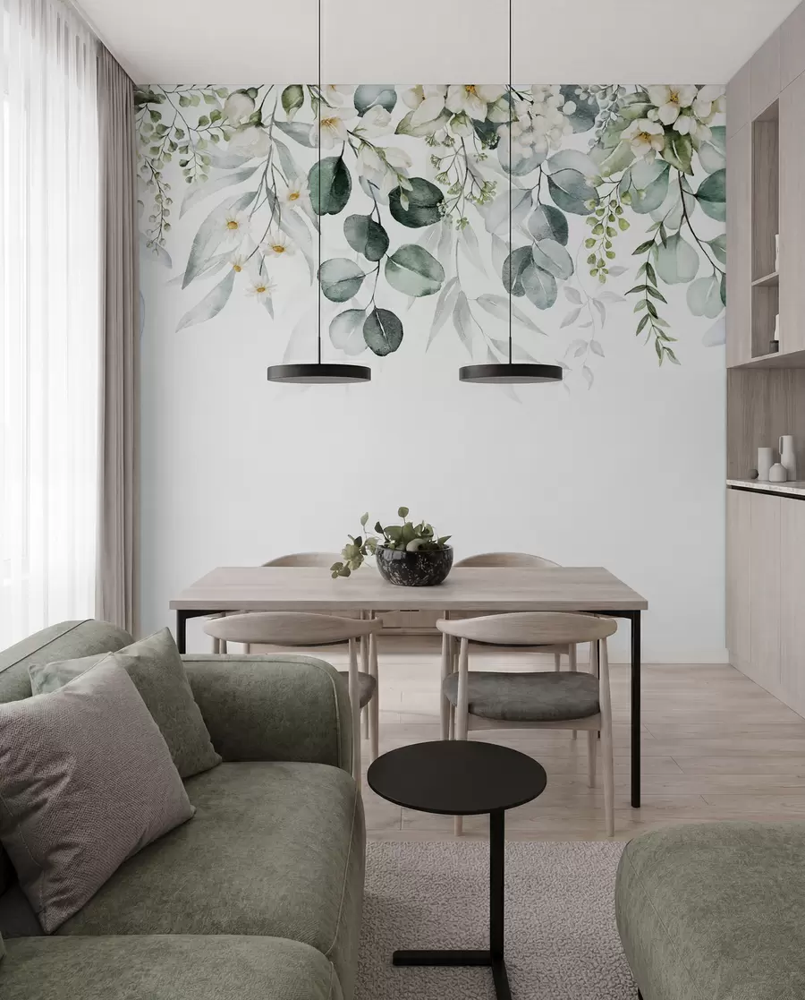 fototapeter Illustration med grønne blade, hvide blomster, pæon og grene u96063
