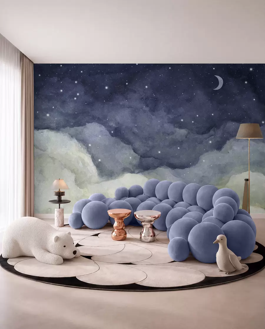 Murale Peinture à l'aquarelle du ciel nocturne avec croissant de lune et étoiles lumineuses u96076