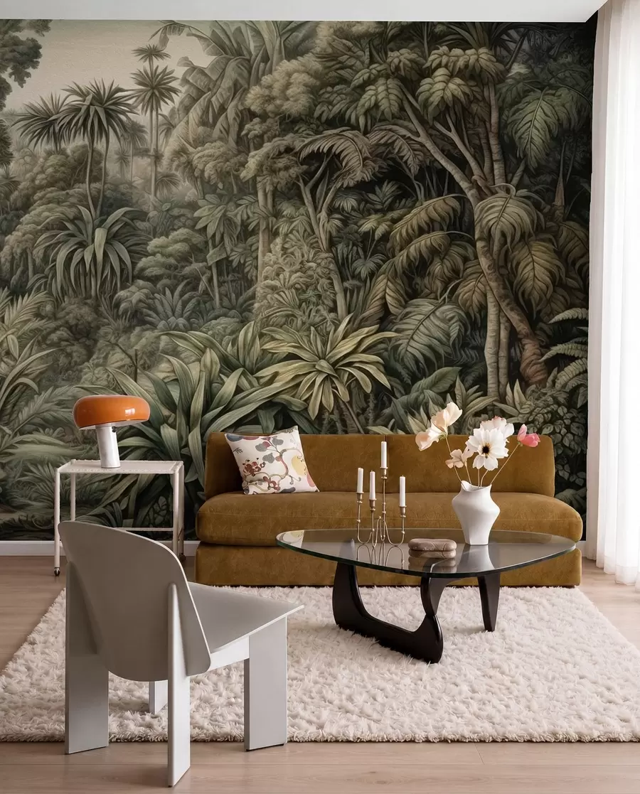 Murale Belle jungle verte abstraite avec des feuilles tropicales u96093
