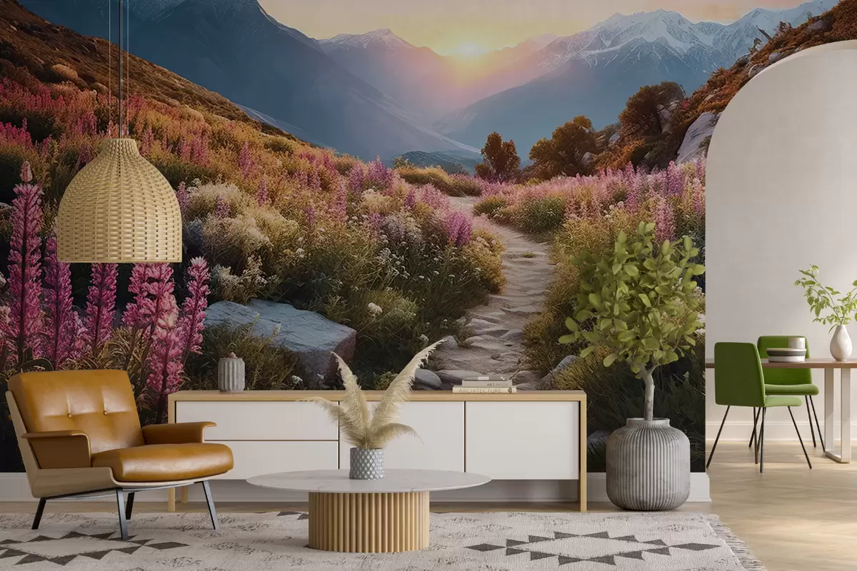 fototapeter Bjerglandskab med magiske blomster u96210