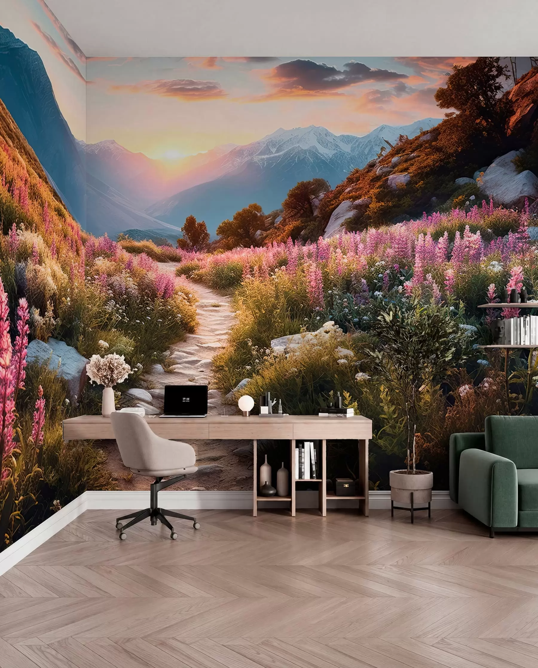 fototapeter Bjerglandskab med magiske blomster u96210