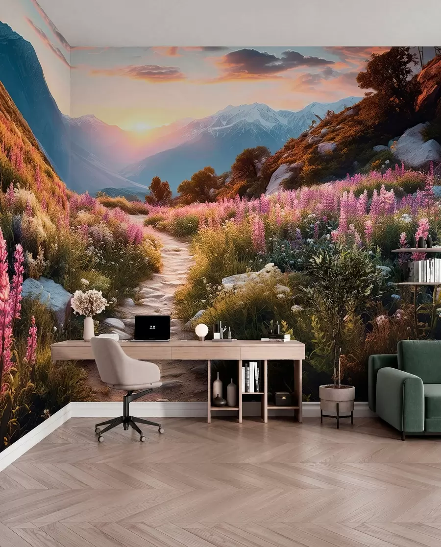 fototapeter Bjerglandskab med magiske blomster u96210