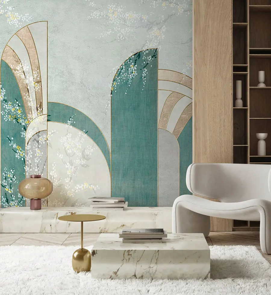 Fototapete Zwischen den Tafeln erscheinen Blumenzweige u96316