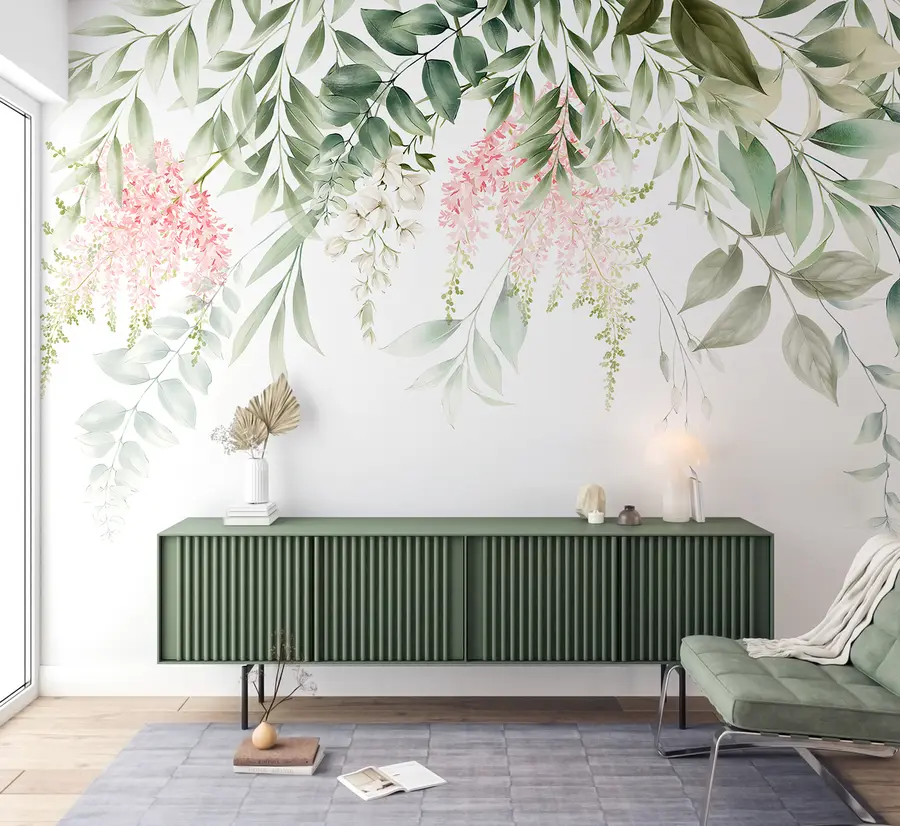 fototapeter Løv med lyserøde blomster u95923