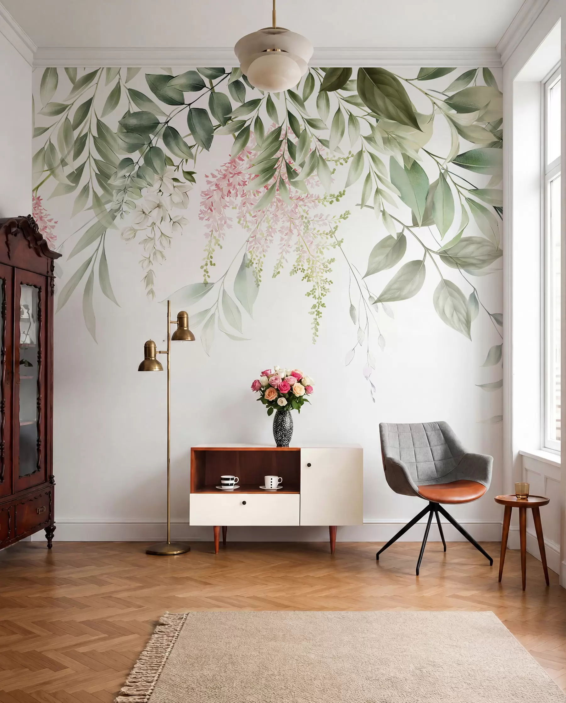 fototapeter Løv med lyserøde blomster u95923