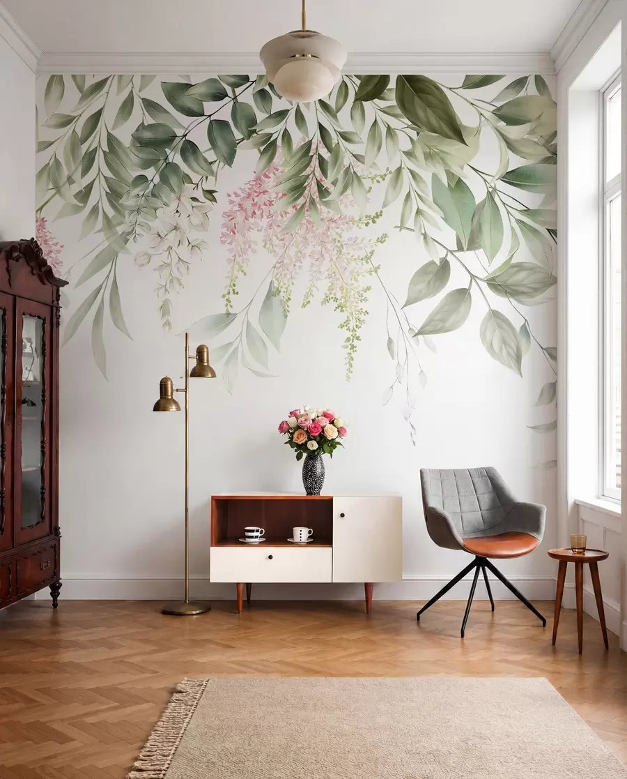 fototapeter Løv med lyserøde blomster u95923