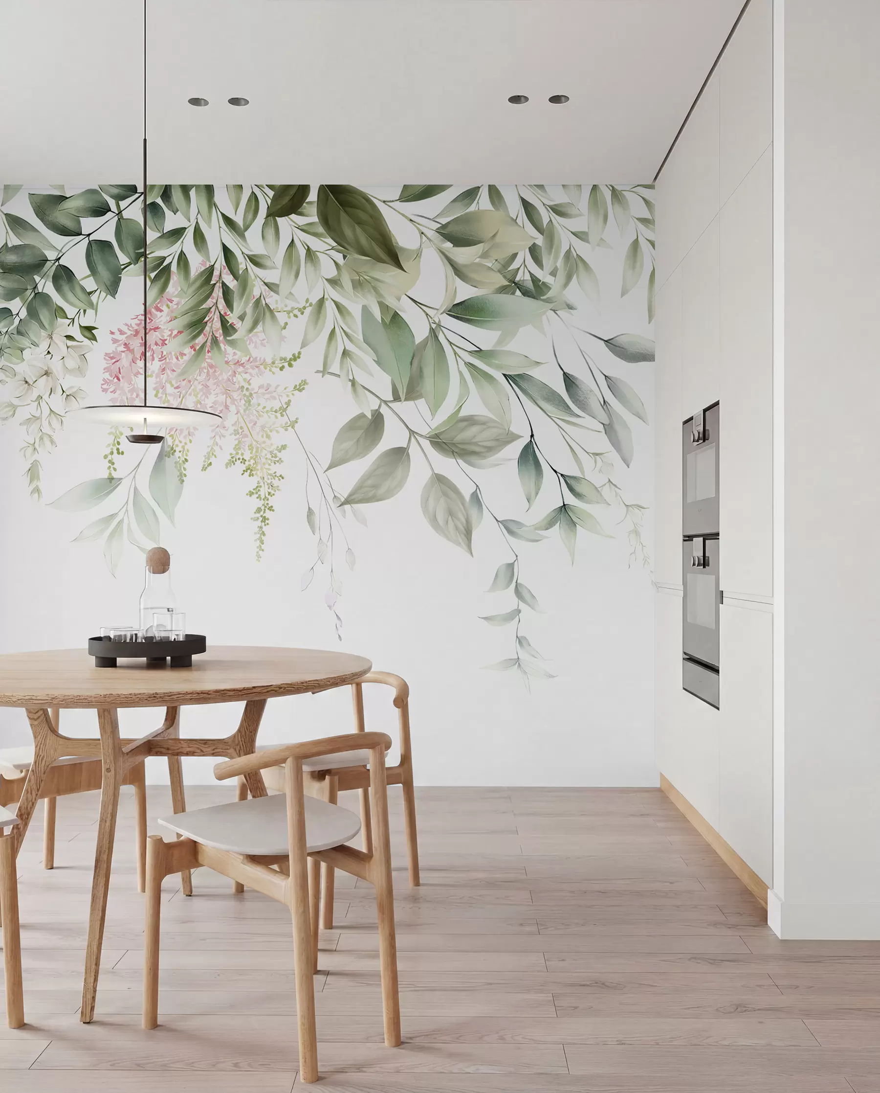 fototapeter Løv med lyserøde blomster u95923