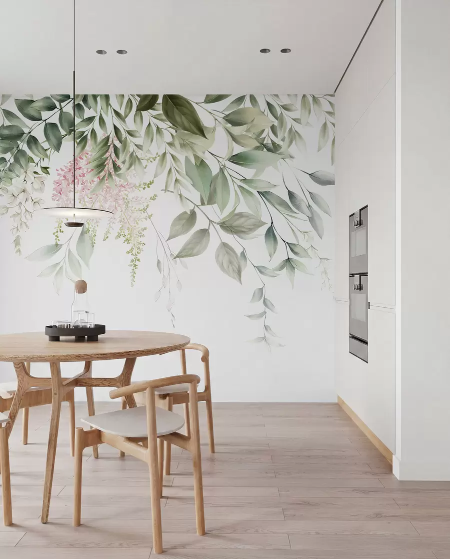 fototapeter Løv med lyserøde blomster u95923
