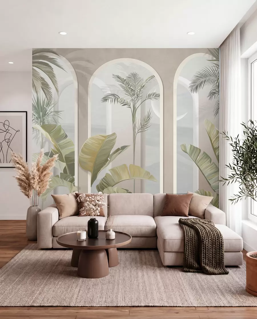 Murale Feuilles 3D tropicales avec palmiers et colonnes u96402