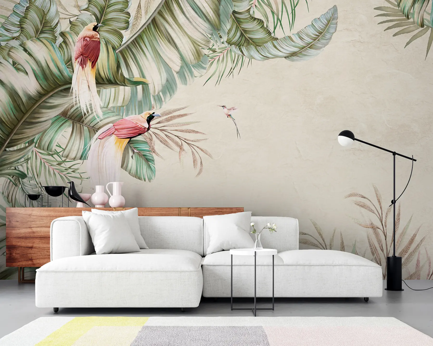 Murale Plantes et oiseaux tropicaux sur fond structuré u96550