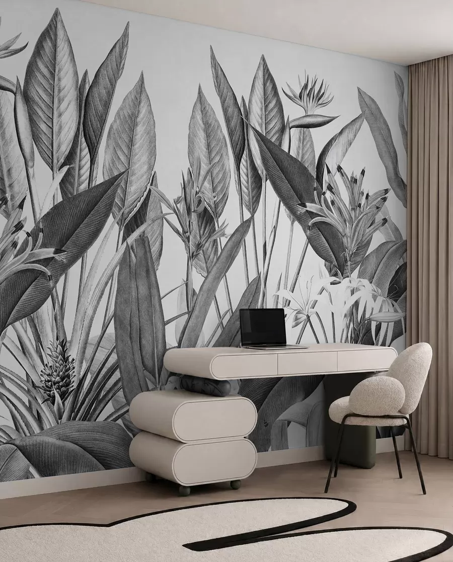 fototapeter Tropiske jungleplanter i sort og hvid farve u96833