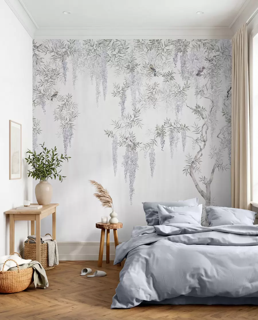fototapeter Blomster af blåregn, blåregn, minimalisme, monokrom, loft og japansk stil u96928
