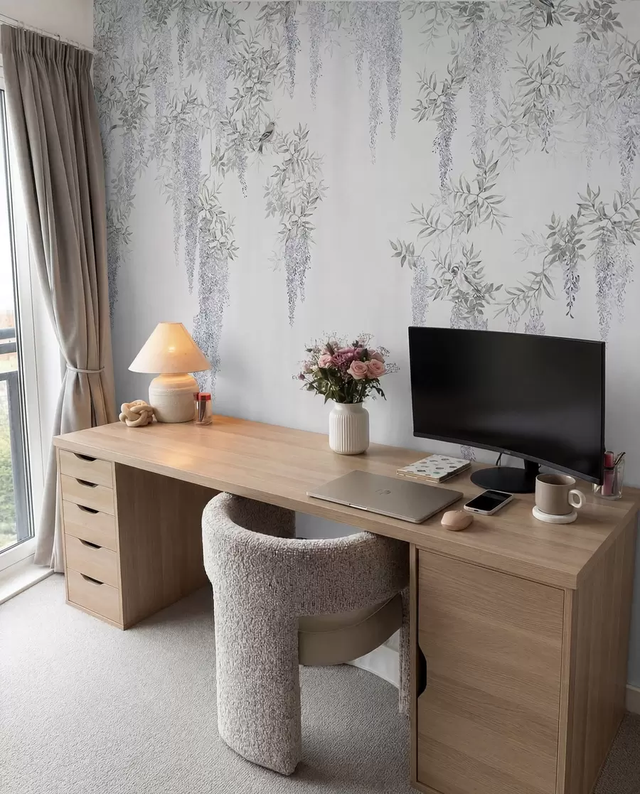 fototapeter Blomster af blåregn, blåregn, minimalisme, monokrom, loft og japansk stil u96928