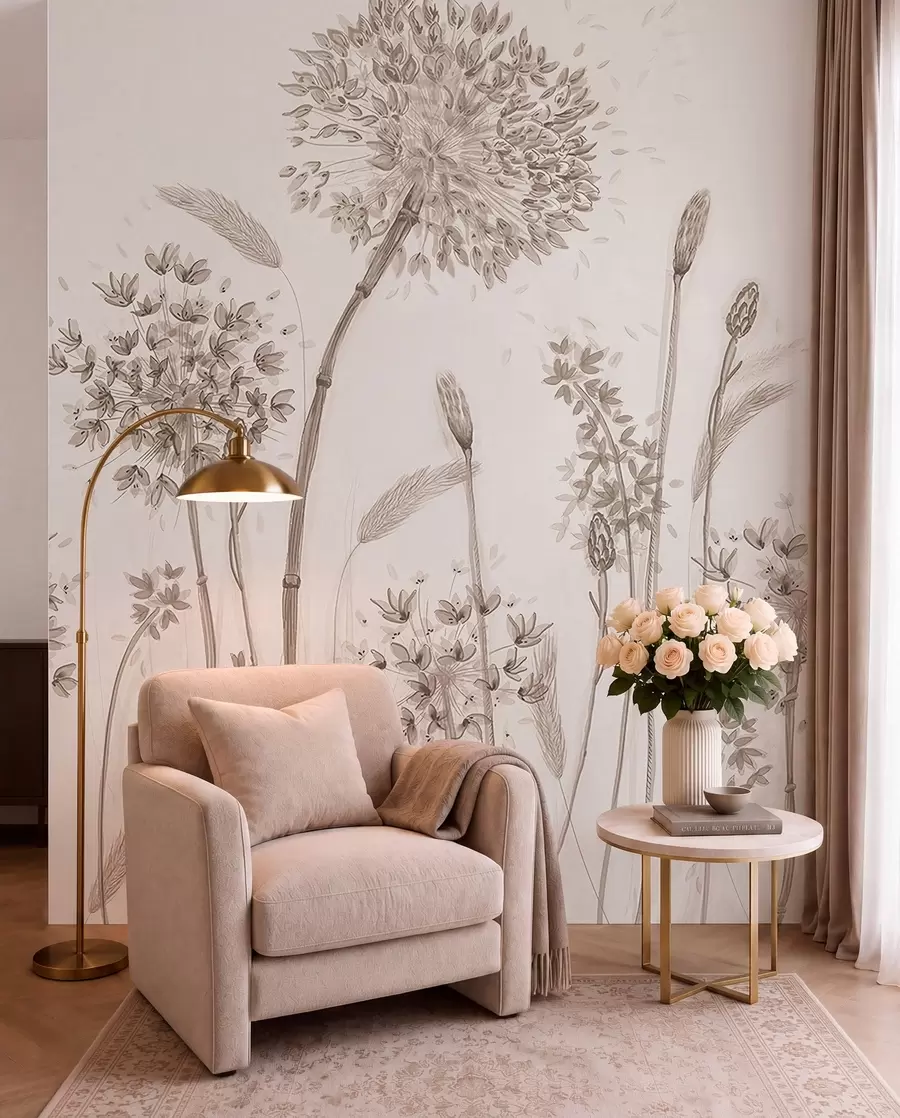 fototapeter Store engblomster af mælkebøtter monokrom stil loft minimalisme u96934