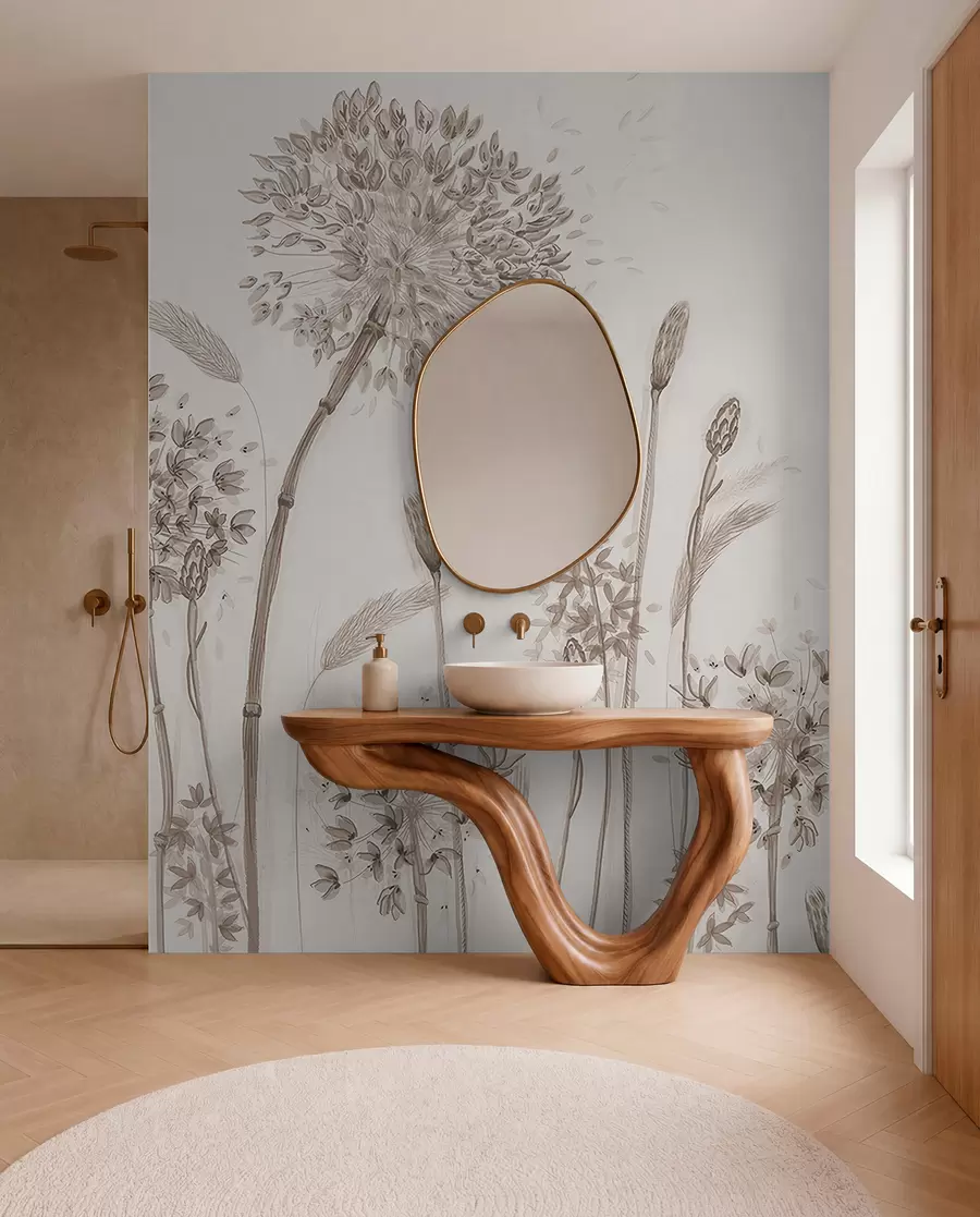 fototapeter Store engblomster af mælkebøtter monokrom stil loft minimalisme u96934