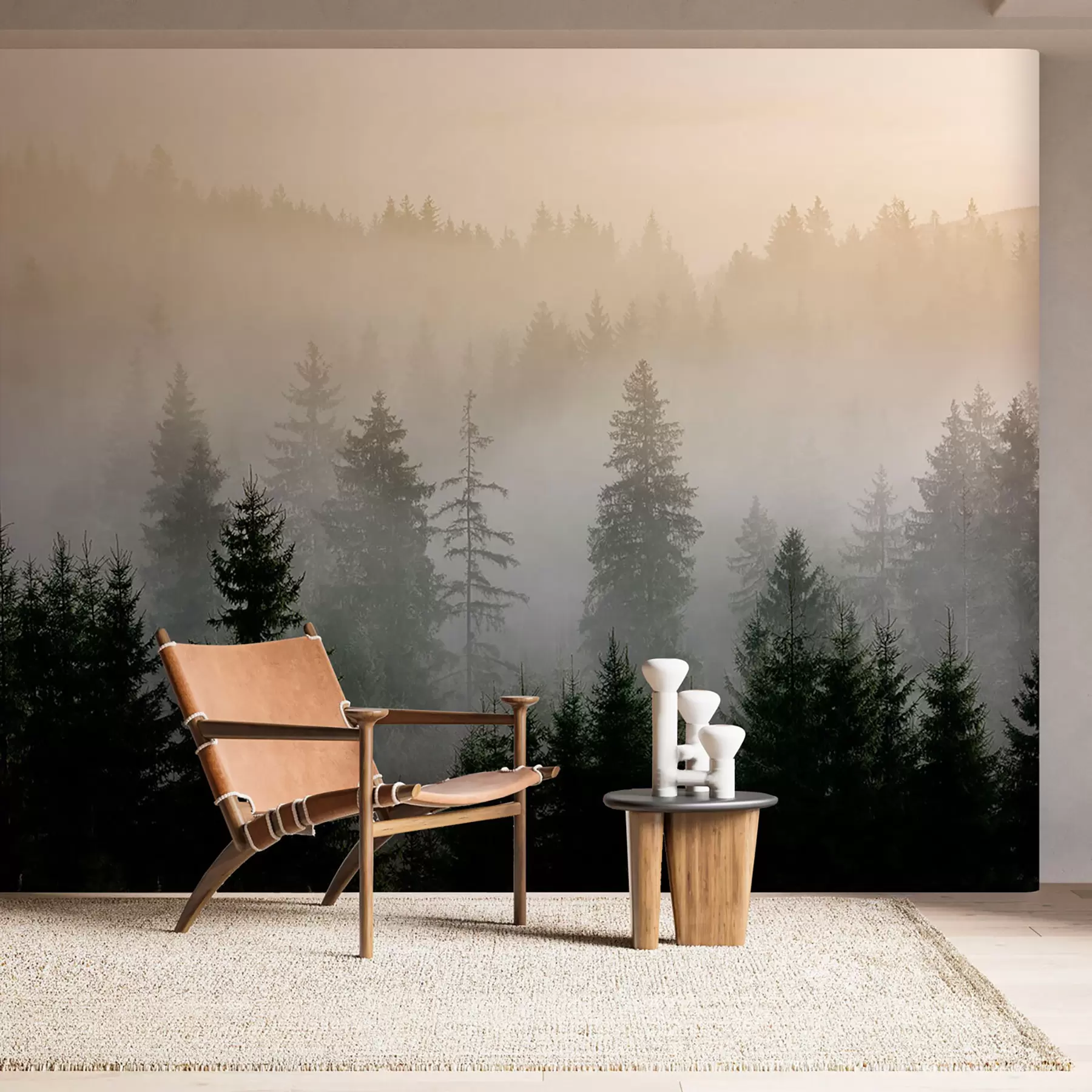 Murale Silhouette d'un épicéa sombre entouré de brouillard u96999