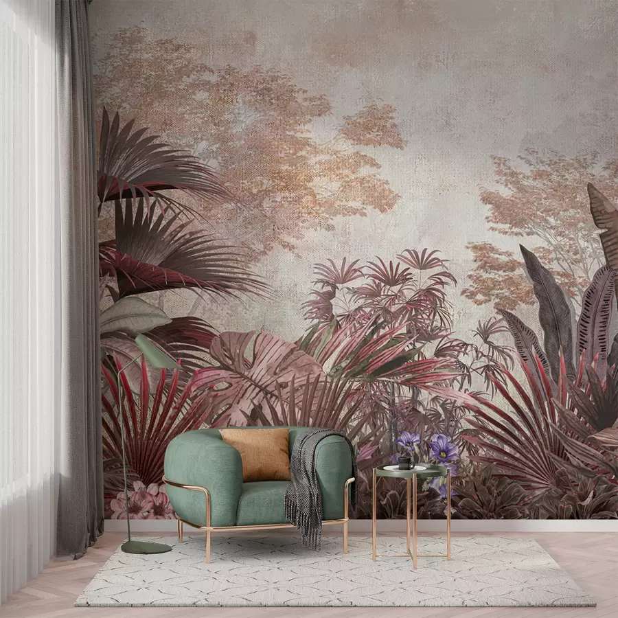 Murale Illustration d'un papier peint vintage tropical avec des feuilles de palmiers exotiques u97104