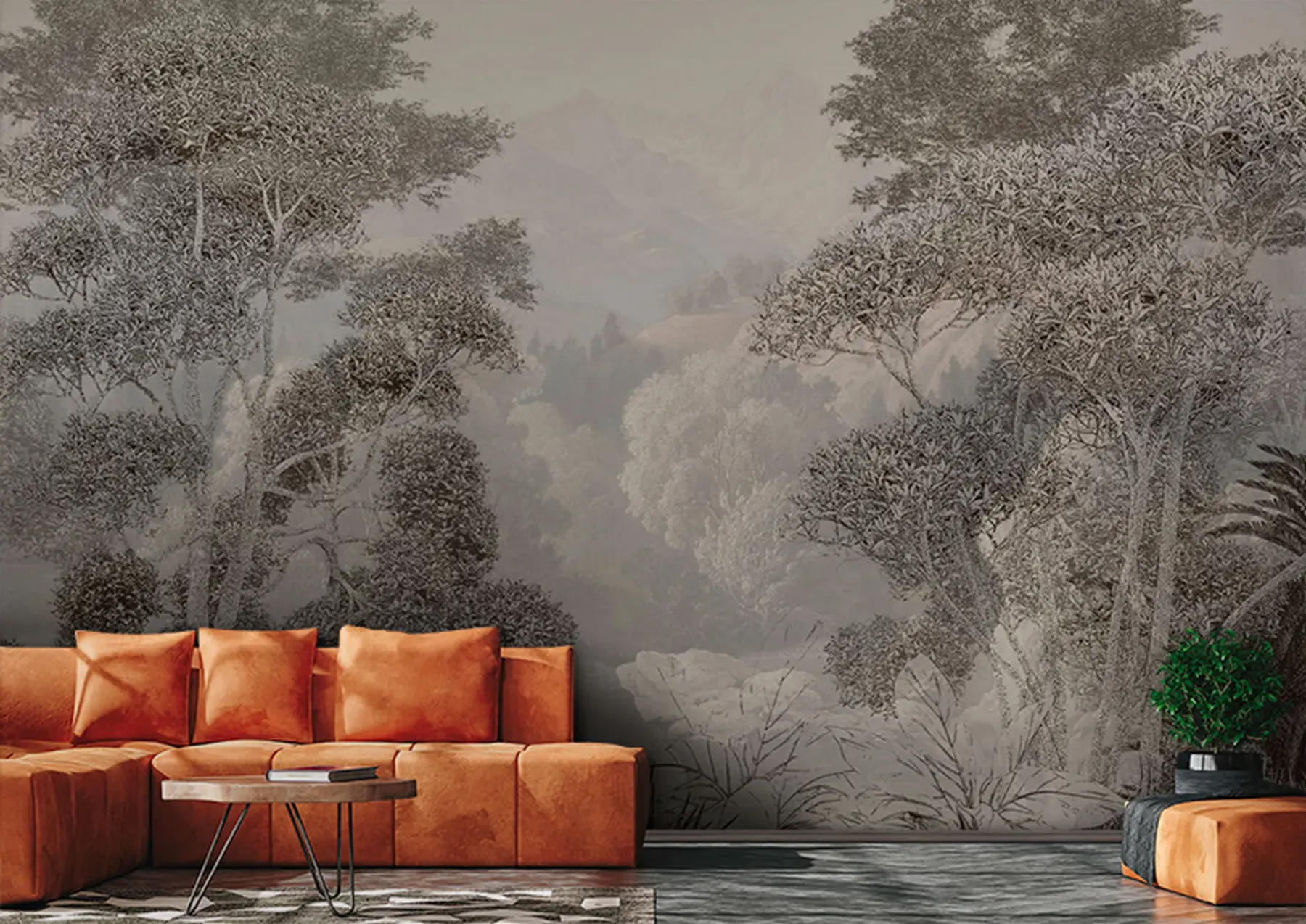 Murale Forêt tropicale dans les tons gris u97396