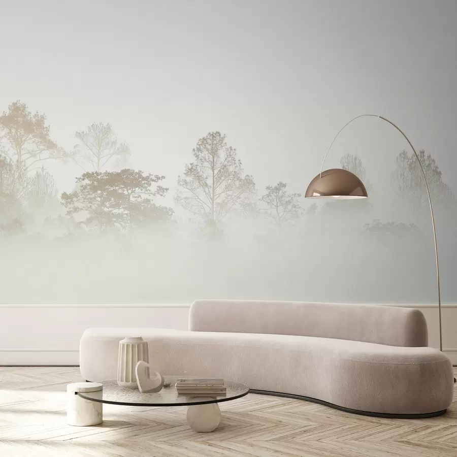 Murale Silhouette d'un bosquet d'arbres dans un épais brouillard blanc matinal u97405