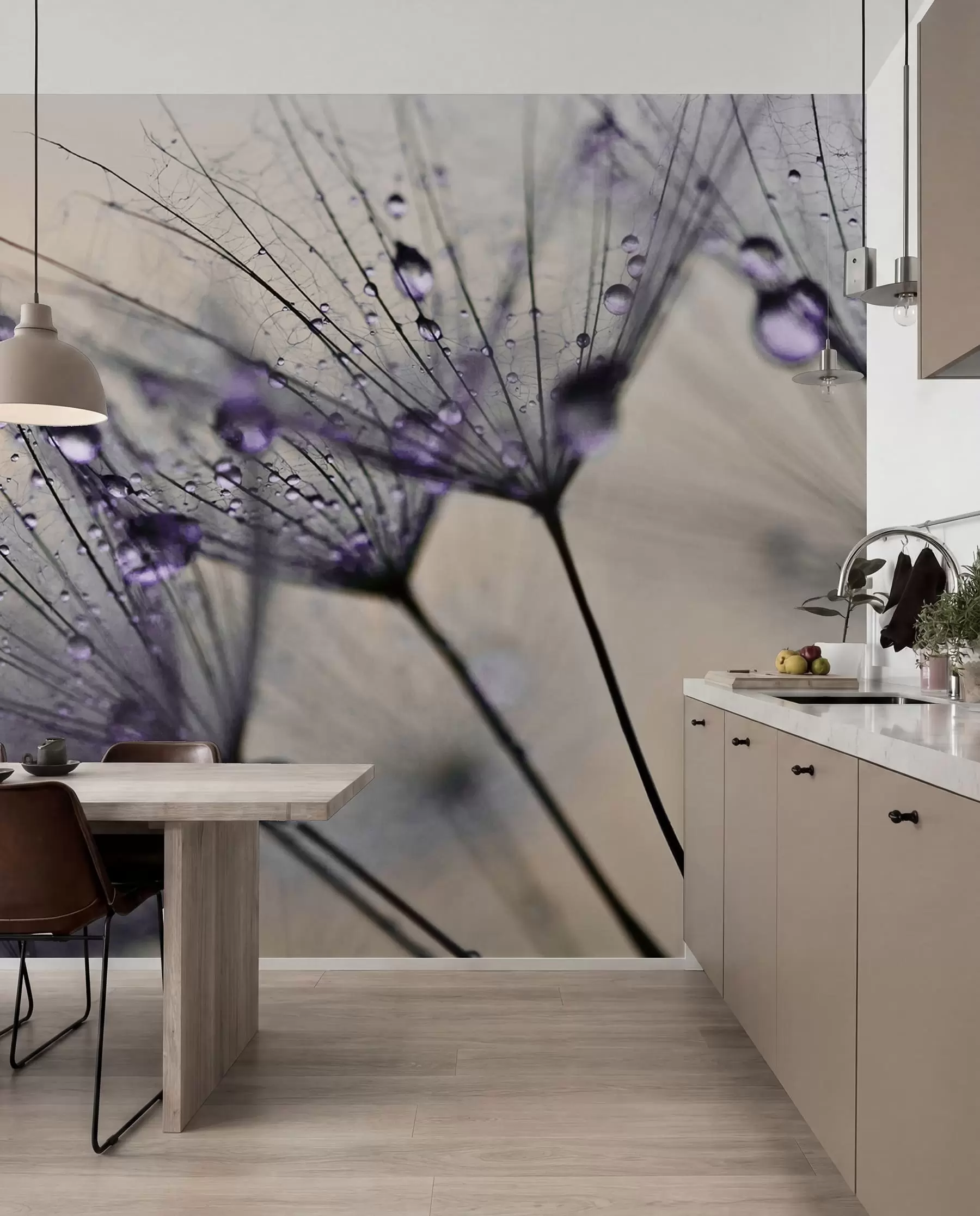 Murale Pissenlits avec gouttes d'eau violettes u57557v3