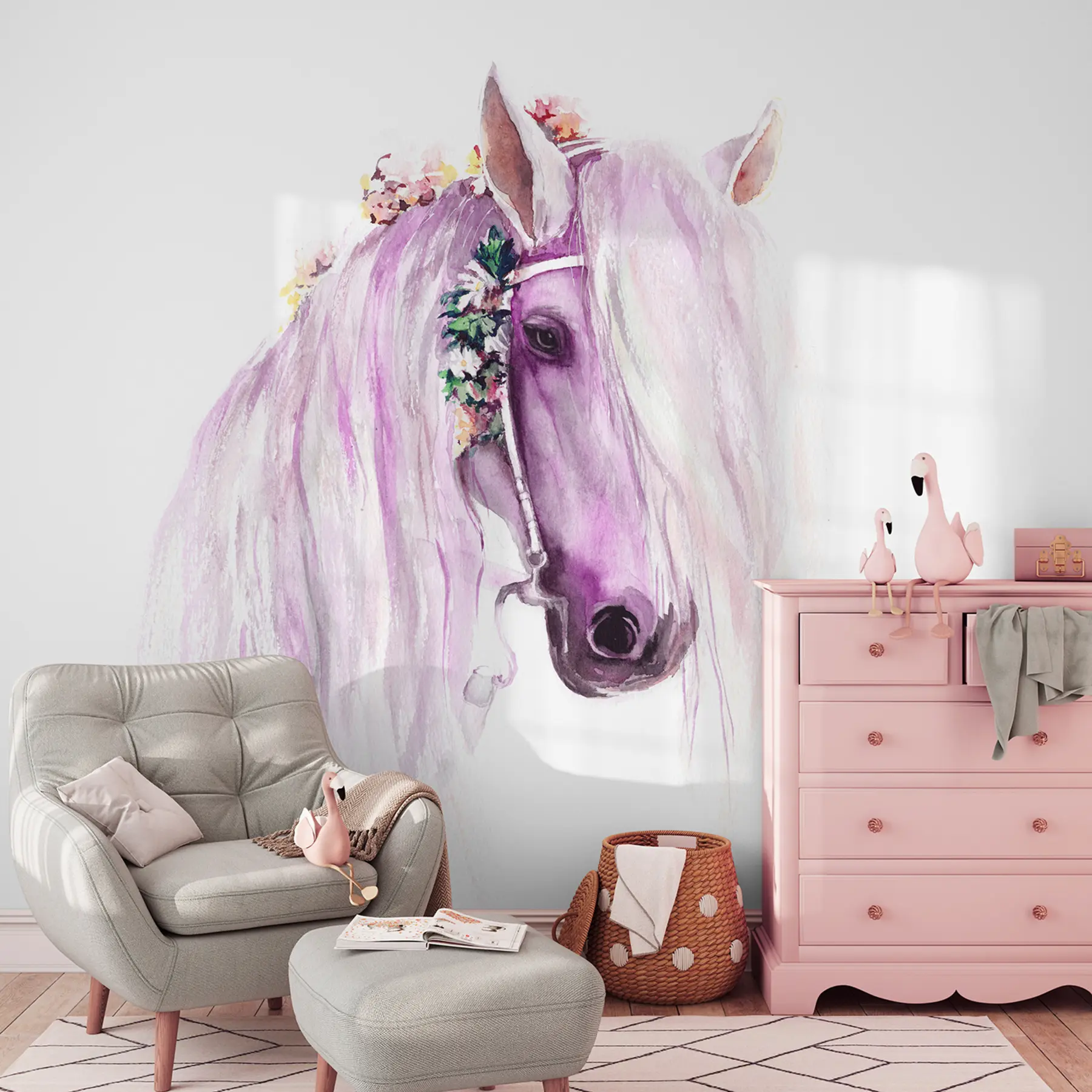 Fototapete Blaues Pferd mit Blumen in einer Mähne in lila Farben u93591v1