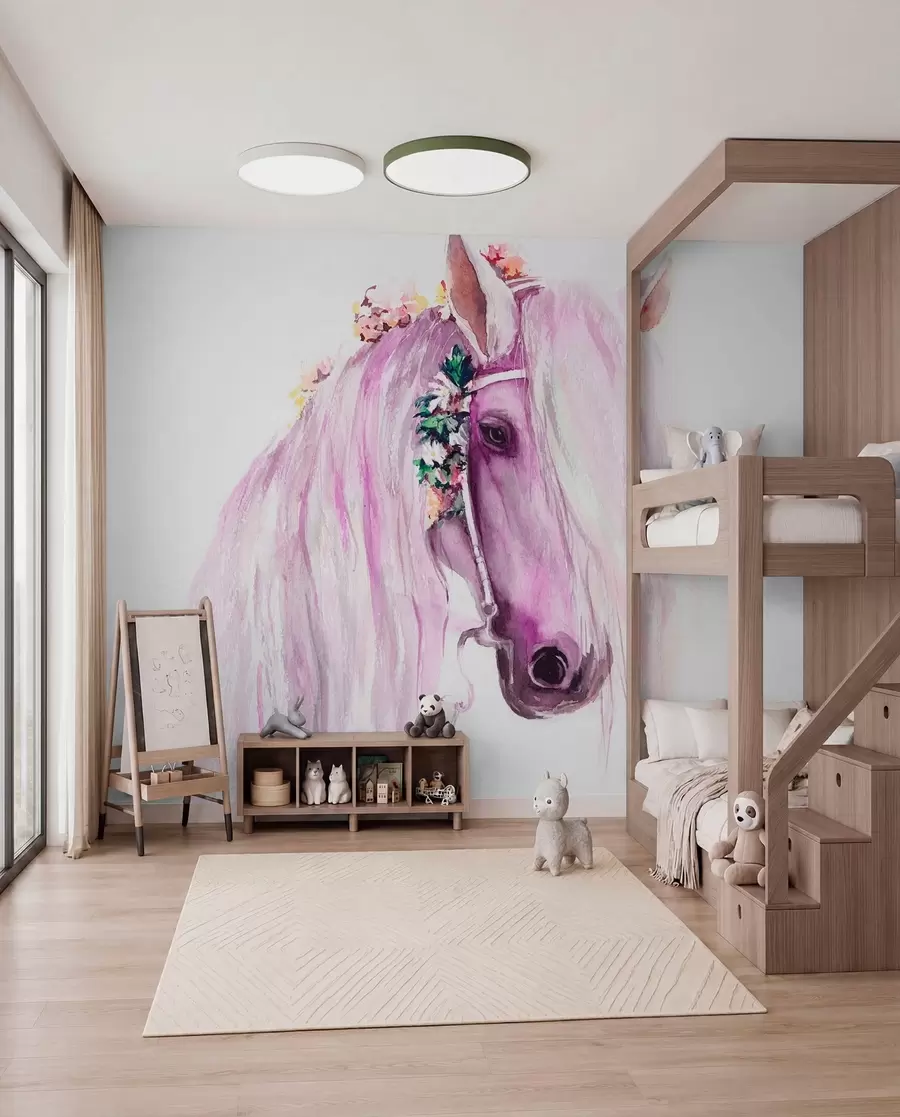 Murale Cheval bleu avec des fleurs dans une crinière aux couleurs violettes u93591v1