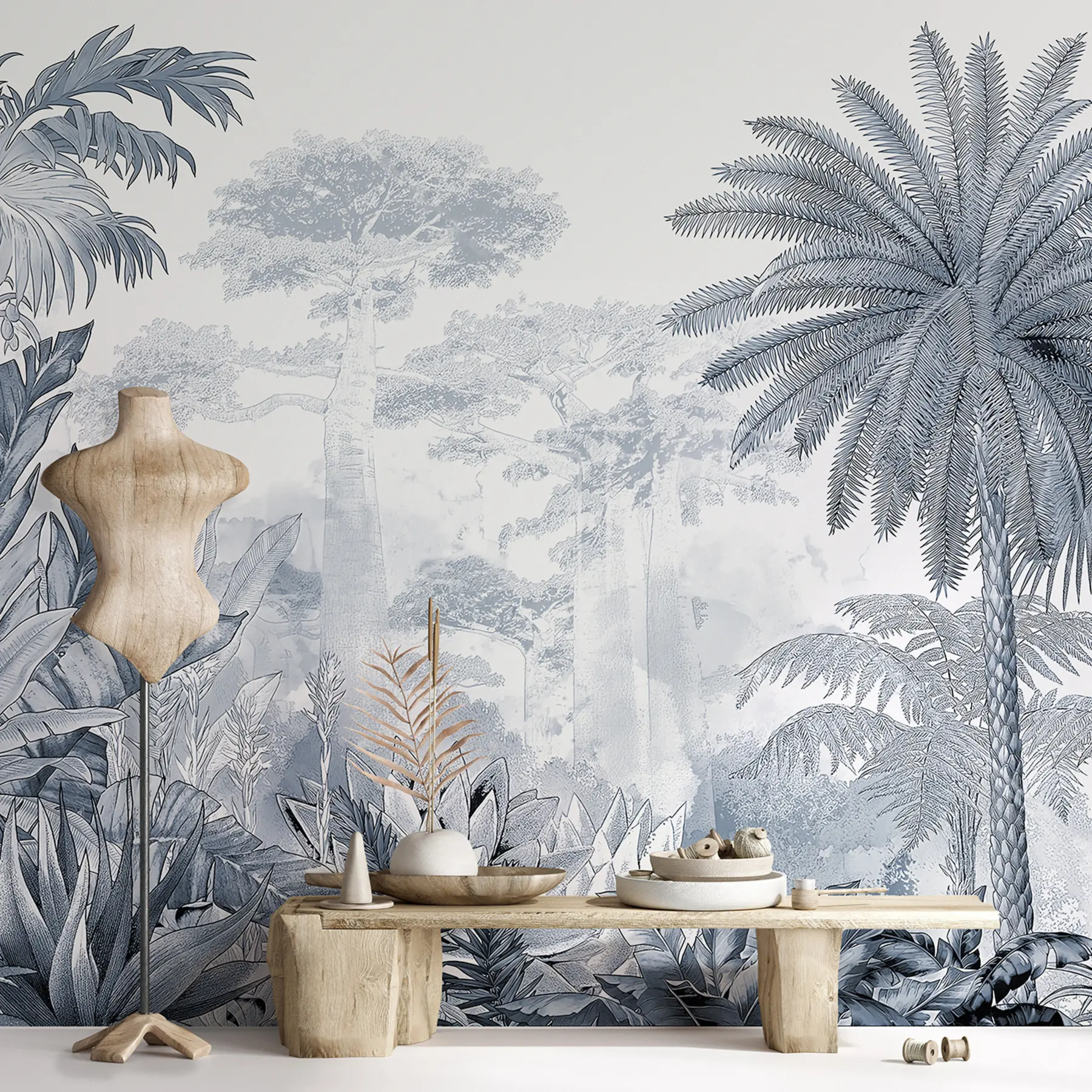 fototapeter Troperne. Tuschtegning i blå farver u59041v2