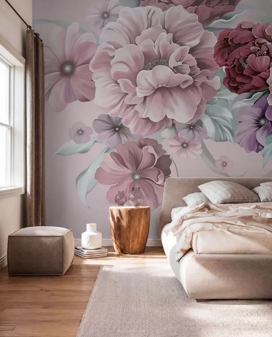 fototapeter Sarte blå blomster i lyserøde farver u59900v1