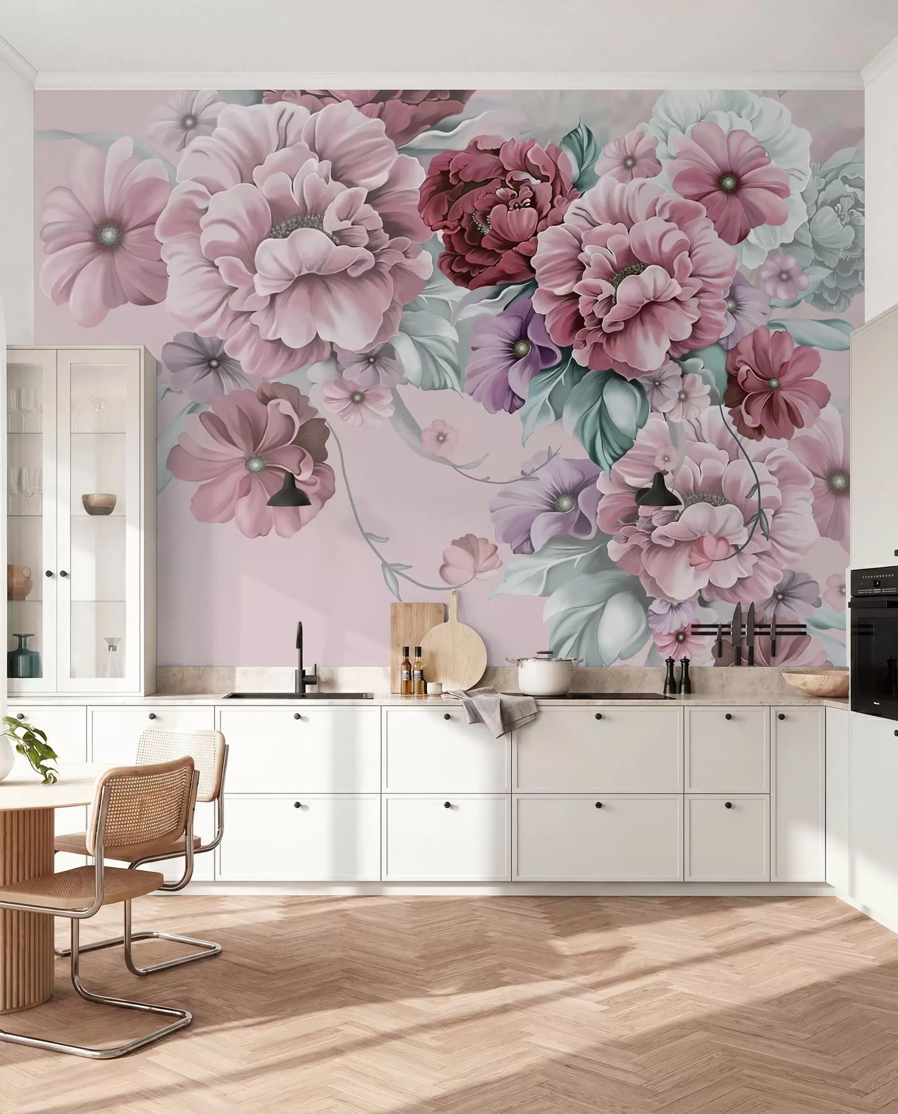 fototapeter Sarte blå blomster i lyserøde farver u59900v1