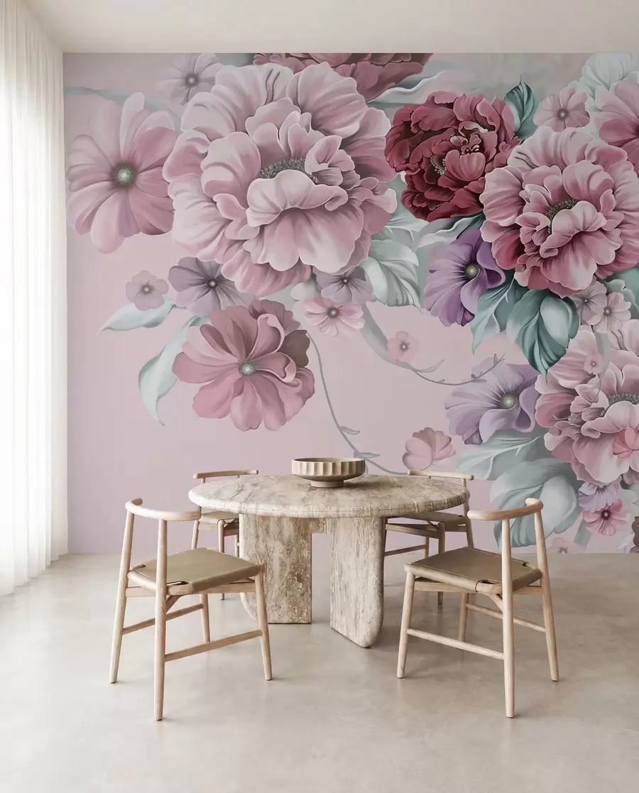 fototapeter Sarte blå blomster i lyserøde farver u59900v1