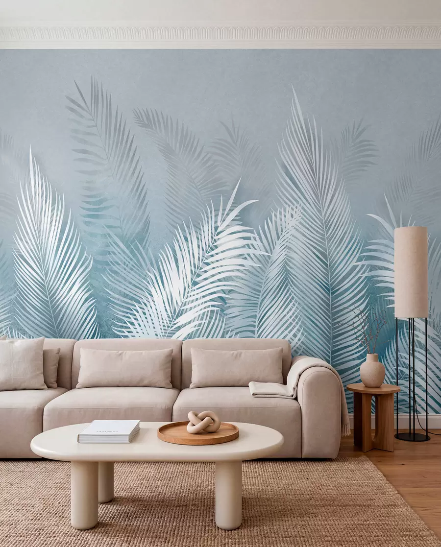 Murale Palmiers blancs sur fond de granzh rose. en couleurs bleues u74601v1