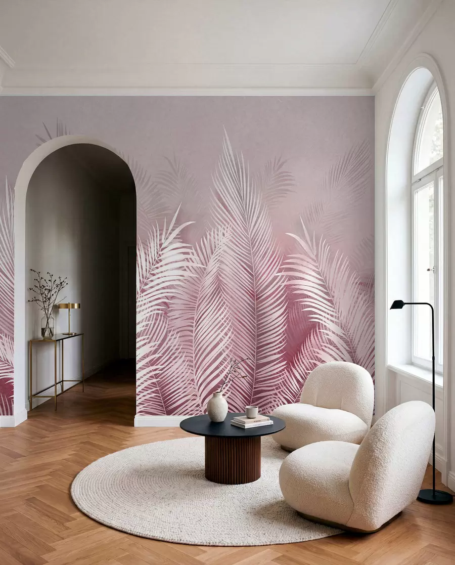 Murale Palmiers blancs sur fond de granzh rose. en couleurs roses u74601v2