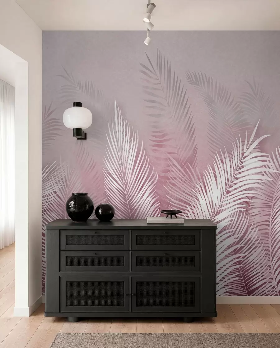 Murale Palmiers blancs sur fond de granzh rose. en couleurs roses u74601v2