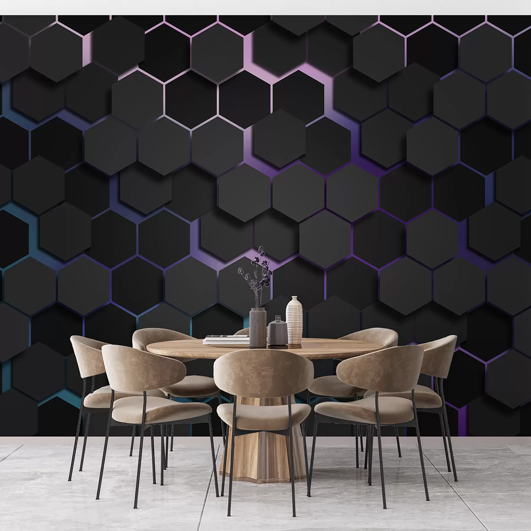 Fototapete Schwarze Sechsecke mit 3D-Effekt in schwarz und lila Farben u79935v2
