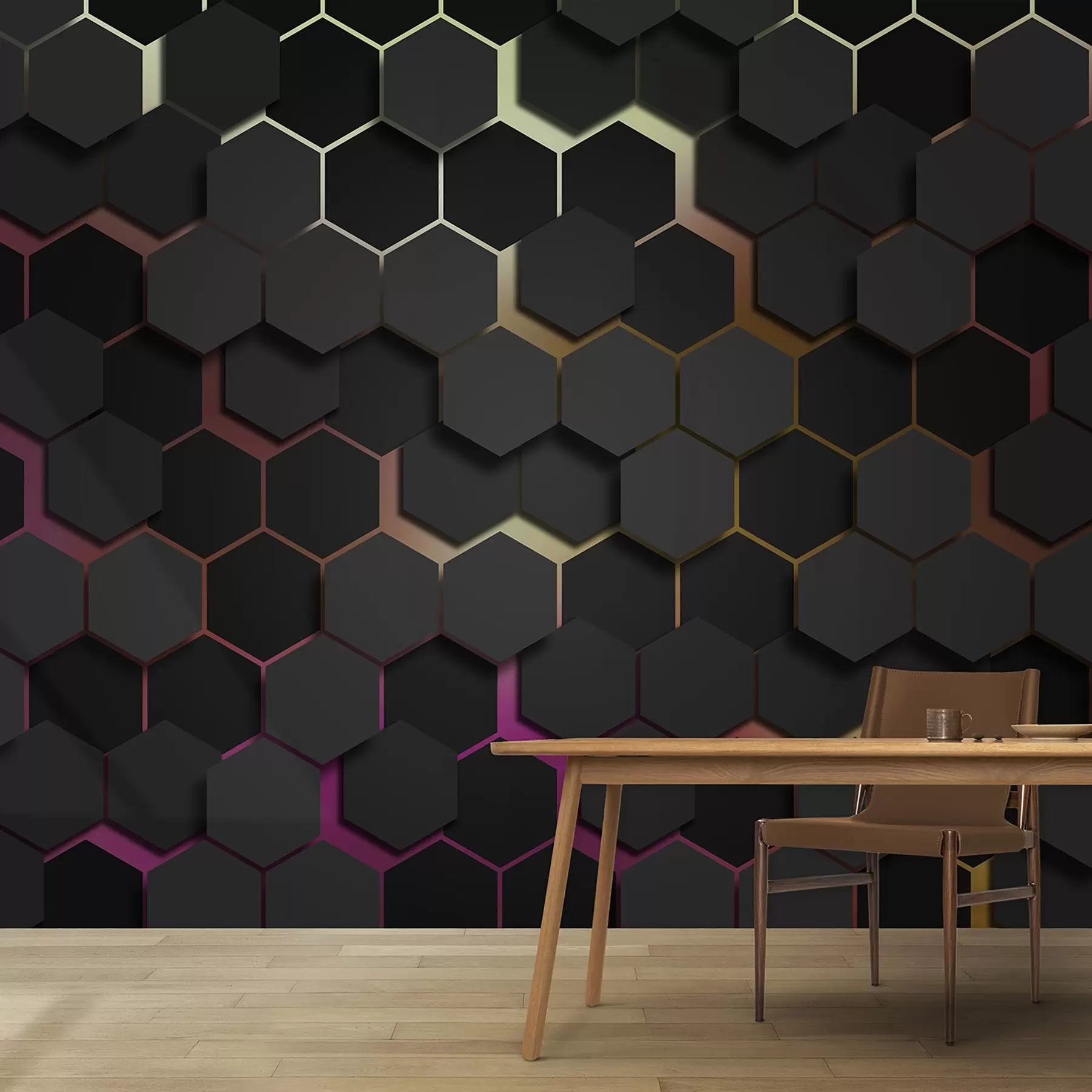 Fototapete Schwarze Sechsecke mit 3D-Effekt in schwarz und rosa Farben u79935v3
