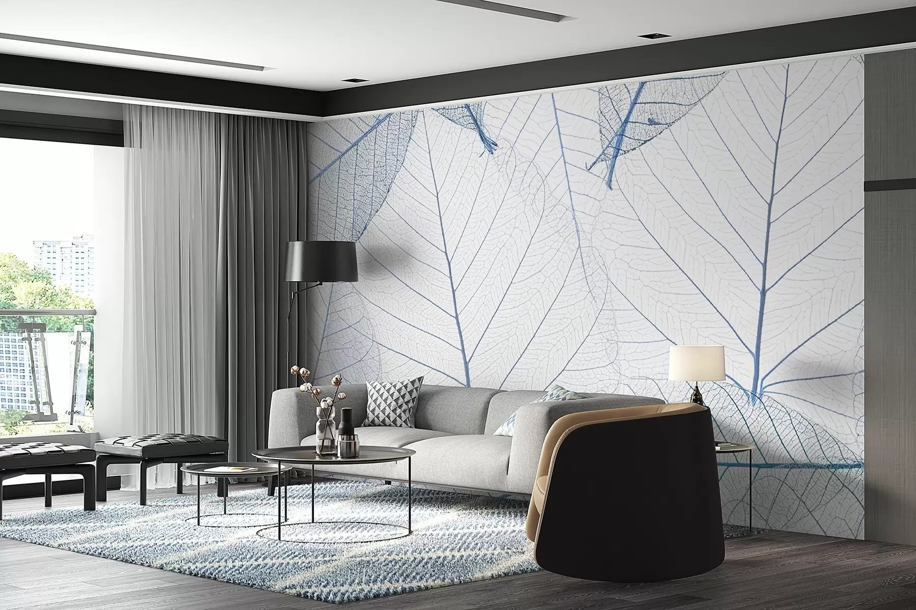 Murale Feuilles transparentes en couleurs bleues u24439v1