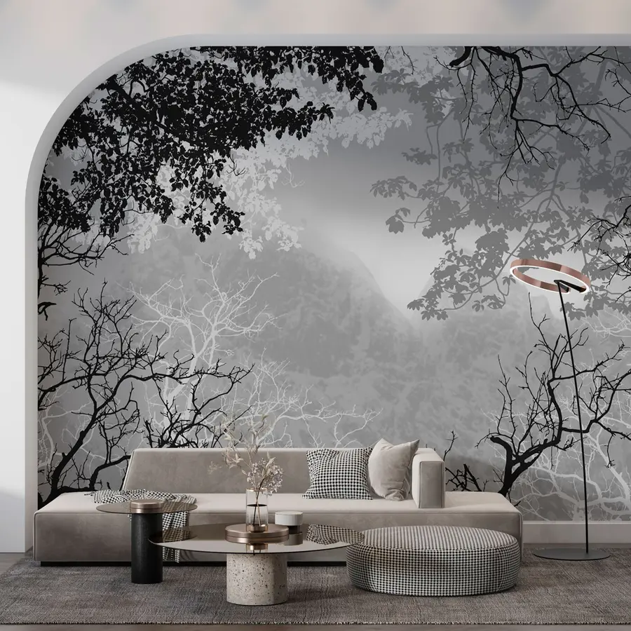 Fototapete Wald Illustration auf einem Hintergrund von Bergen mit Nebel u98050