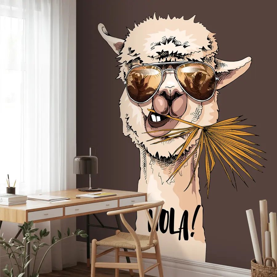 Murale Portrait d'un lama portant des lunettes de soleil avec un éventail de feuilles de palmier u98177