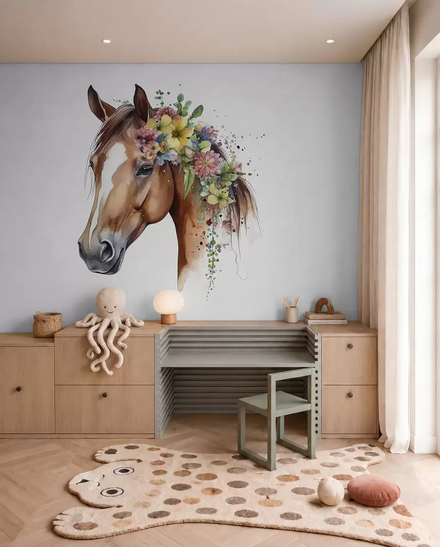 Murale Cheval avec fleurs à l'aquarelle u98192