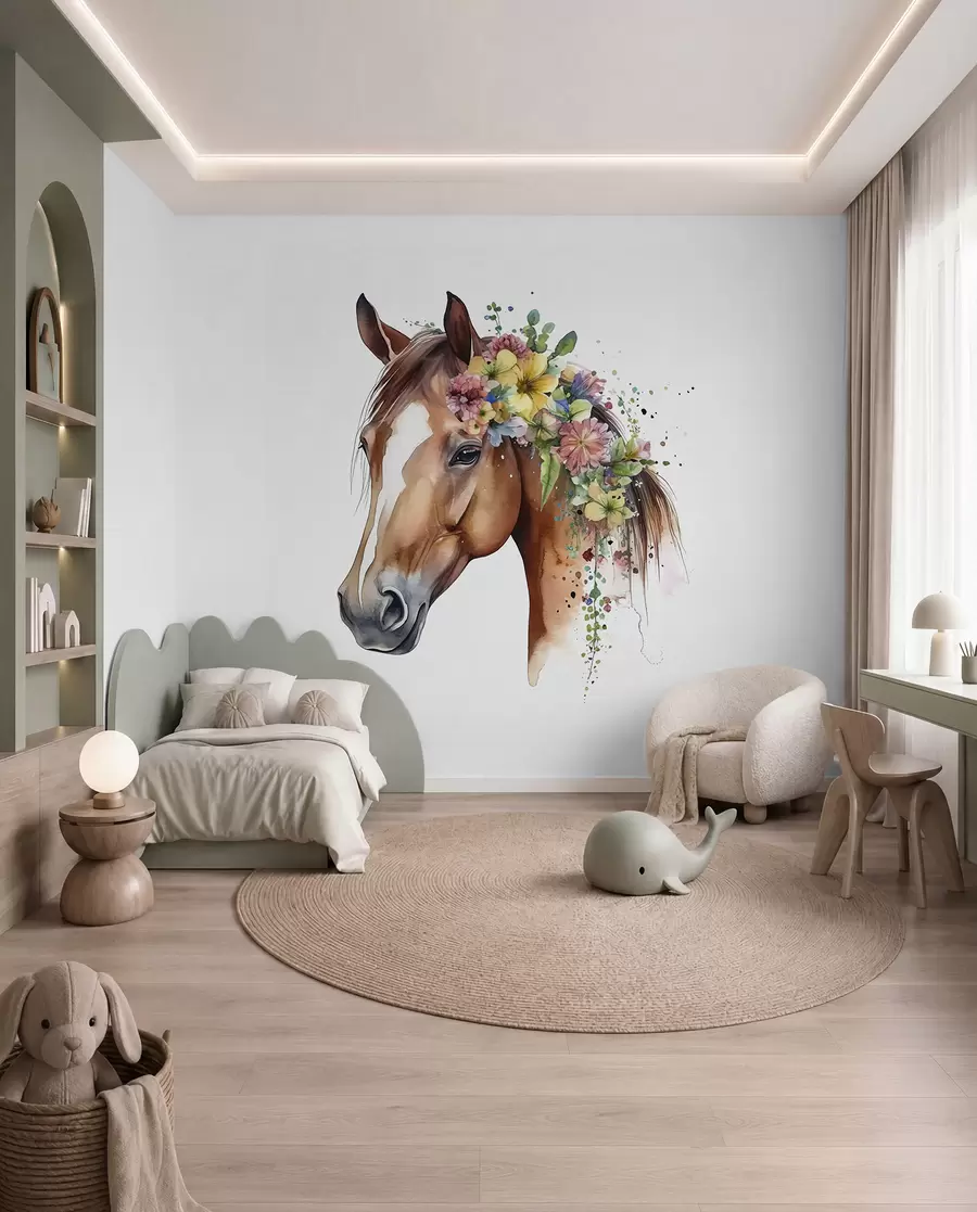 Murale Cheval avec fleurs à l'aquarelle u98192