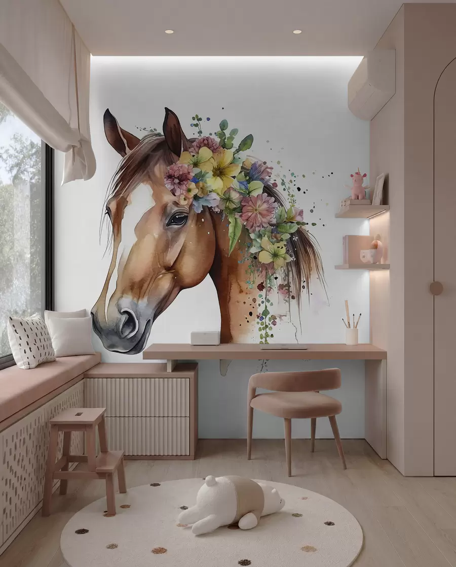 Murale Cheval avec fleurs à l'aquarelle u98192