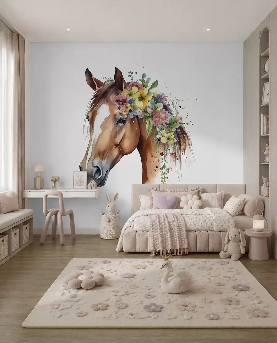 Murale Cheval avec fleurs à l'aquarelle u98192