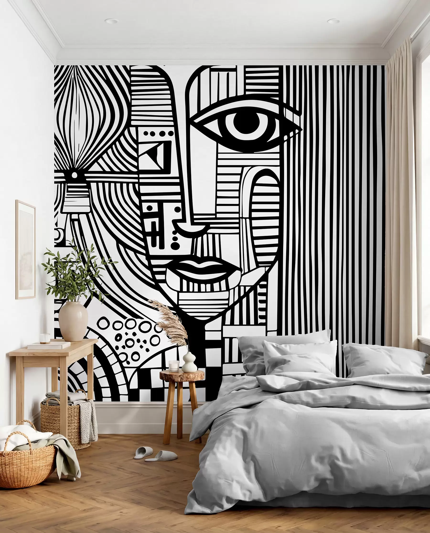 Murale Visage abstrait en noir et blanc u98714
